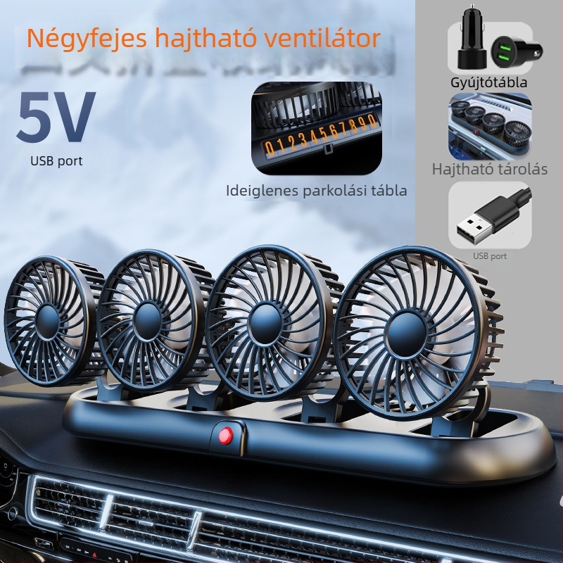 Új autóventilátor négyfejű autó elektromos ventilátor 360 fokban forgó, összecsukható, erős hűtős mini teherautó kis ventilátor