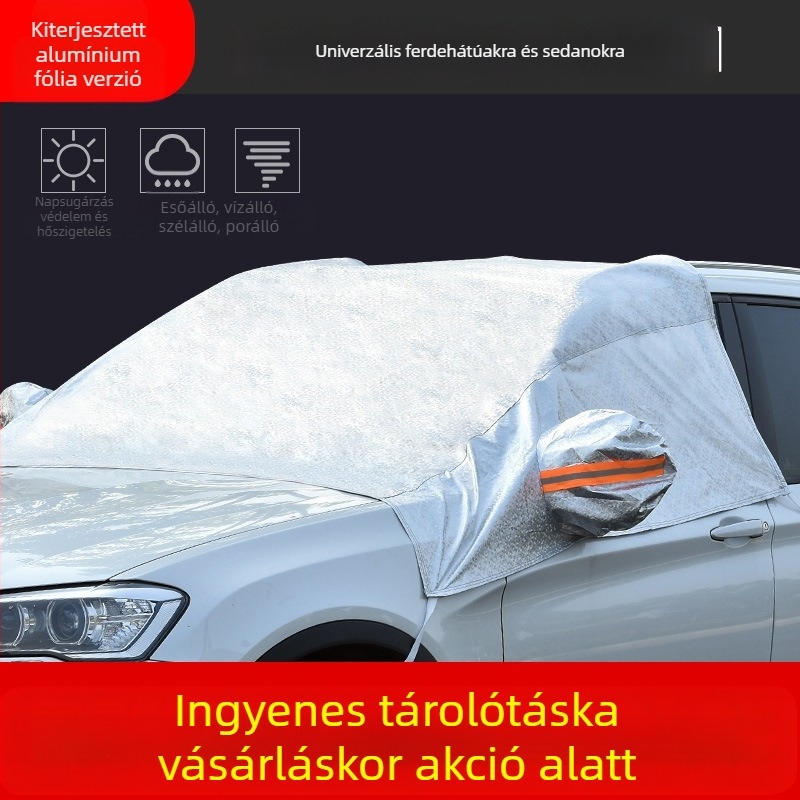 Autó első szélvédője, autótakaró, napálló, esőálló, fagyálló, hőszigetelő, félig takaró, félig karosszériás autótakaró, külső burkolat, hóvédő