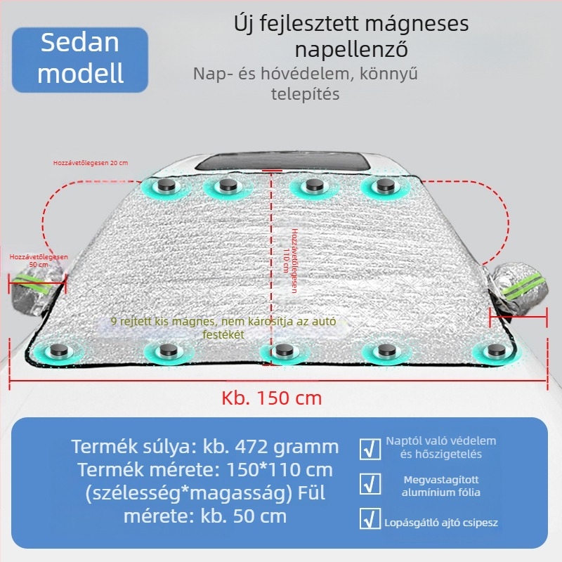 Autó első szélvédője, autótakaró, napálló, esőálló, fagyálló, hőszigetelő, félig takaró, félig karosszériás autótakaró, külső burkolat, hóvédő