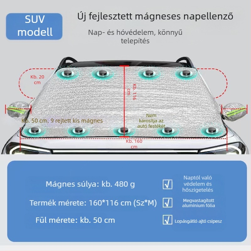 Autó első szélvédője, autótakaró, napálló, esőálló, fagyálló, hőszigetelő, félig takaró, félig karosszériás autótakaró, külső burkolat, hóvédő