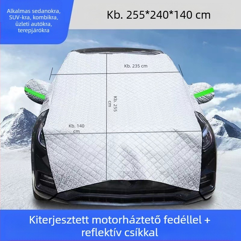 Autó első szélvédője, autótakaró, napálló, esőálló, fagyálló, hőszigetelő, félig takaró, félig karosszériás autótakaró, külső burkolat, hóvédő