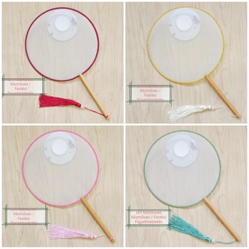 Hagyományos kerek legyező hímzett applikációval, kézi viráglegyező, bordázott legyező, félig átlátszó selyemszerű legyezőfelület, üzleti ajándék