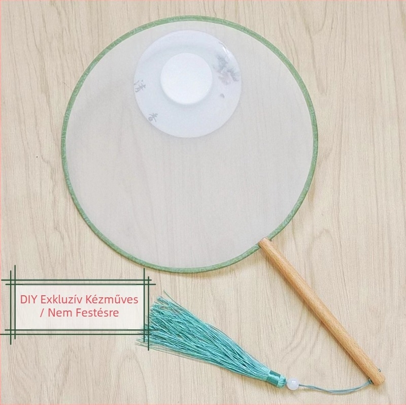 Hagyományos kerek legyező hímzett applikációval, kézi viráglegyező, bordázott legyező, félig átlátszó selyemszerű legyezőfelület, üzleti ajándék