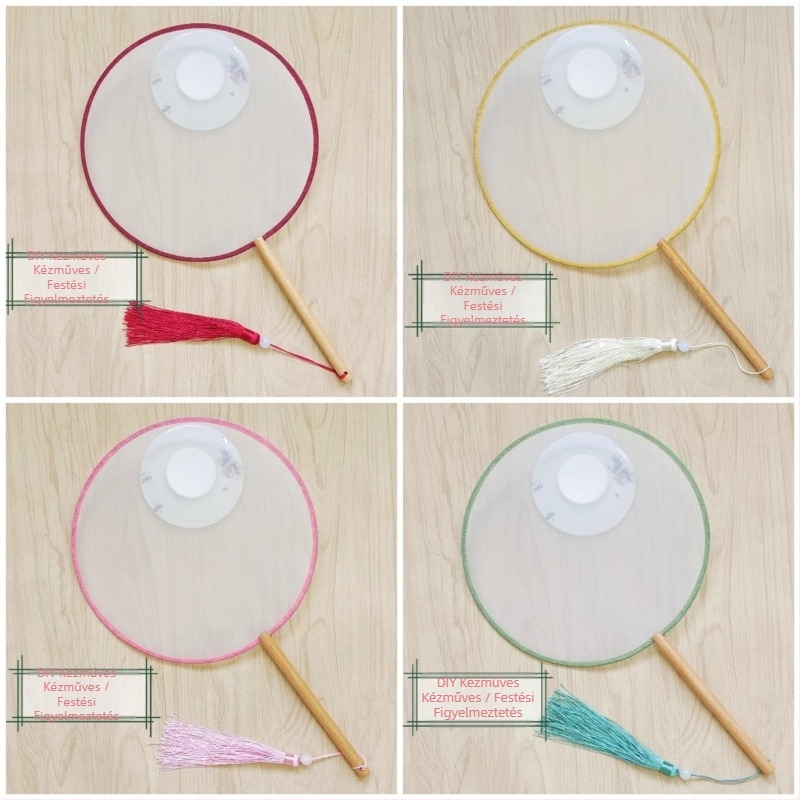 Hagyományos kerek legyező hímzett applikációval, kézi viráglegyező, bordázott legyező, félig átlátszó selyemszerű legyezőfelület, üzleti ajándék