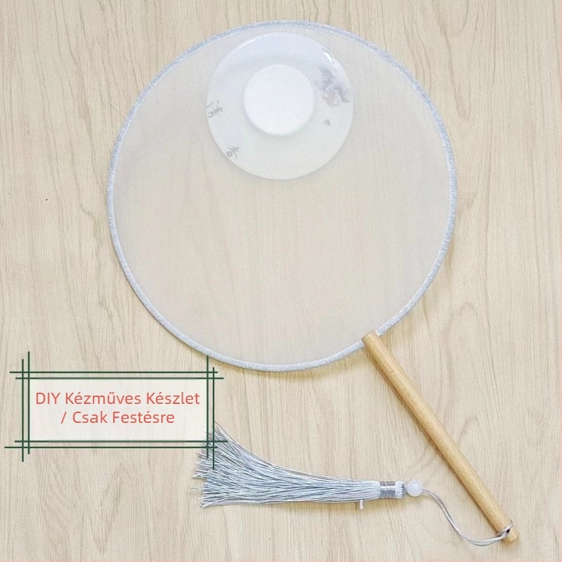 Hagyományos kerek legyező hímzett applikációval, kézi viráglegyező, bordázott legyező, félig átlátszó selyemszerű legyezőfelület, üzleti ajándék