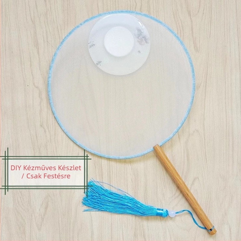 Hagyományos kerek legyező hímzett applikációval, kézi viráglegyező, bordázott legyező, félig átlátszó selyemszerű legyezőfelület, üzleti ajándék