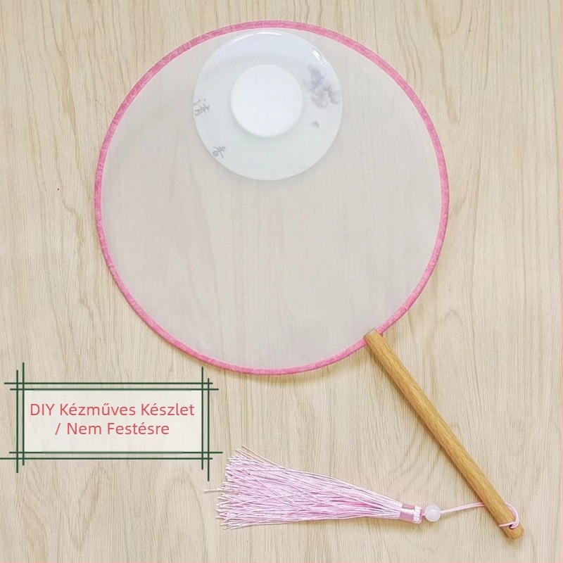 Hagyományos kerek legyező hímzett applikációval, kézi viráglegyező, bordázott legyező, félig átlátszó selyemszerű legyezőfelület, üzleti ajándék