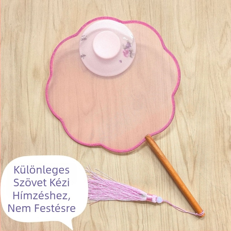 Hagyományos kerek legyező hímzett applikációval, kézi viráglegyező, bordázott legyező, félig átlátszó selyemszerű legyezőfelület, üzleti ajándék