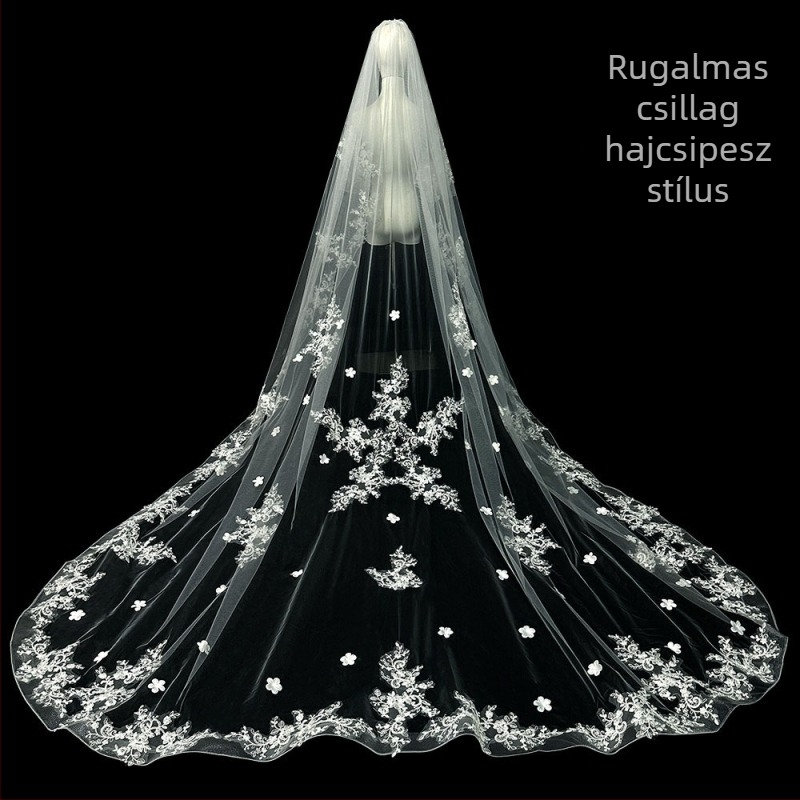 Menyasszonyi esküvői fő menyasszonyi ruha fátyol szuper halhatatlan mori koreai stílusú hosszú farok csipkefátyol kiegészítők