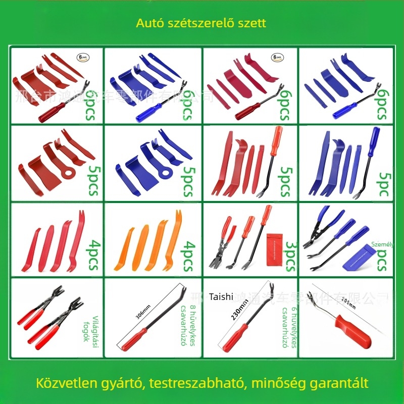 Autóipari műanyag alkatrészek eltávolító szerszámkészlet alkalmas audio lökhárító, műszerfal, belső csatok stb. eltávolítására. A gyártó specializálódott...