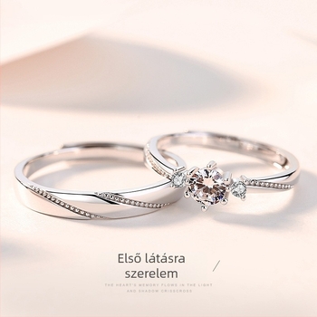 925-ös ezüst párgyűrűk, koreai stílusú Love at First Sight, nyitott kialakítás, geometriai design, gyémántcsiszolt felület