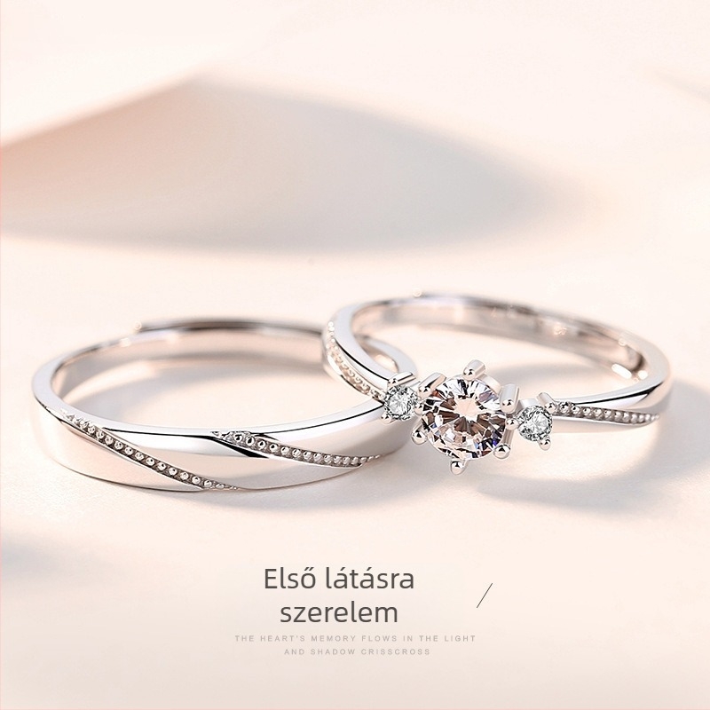 925-ös ezüst párgyűrűk, koreai stílusú Love at First Sight, nyitott kialakítás, geometriai design, gyémántcsiszolt felület