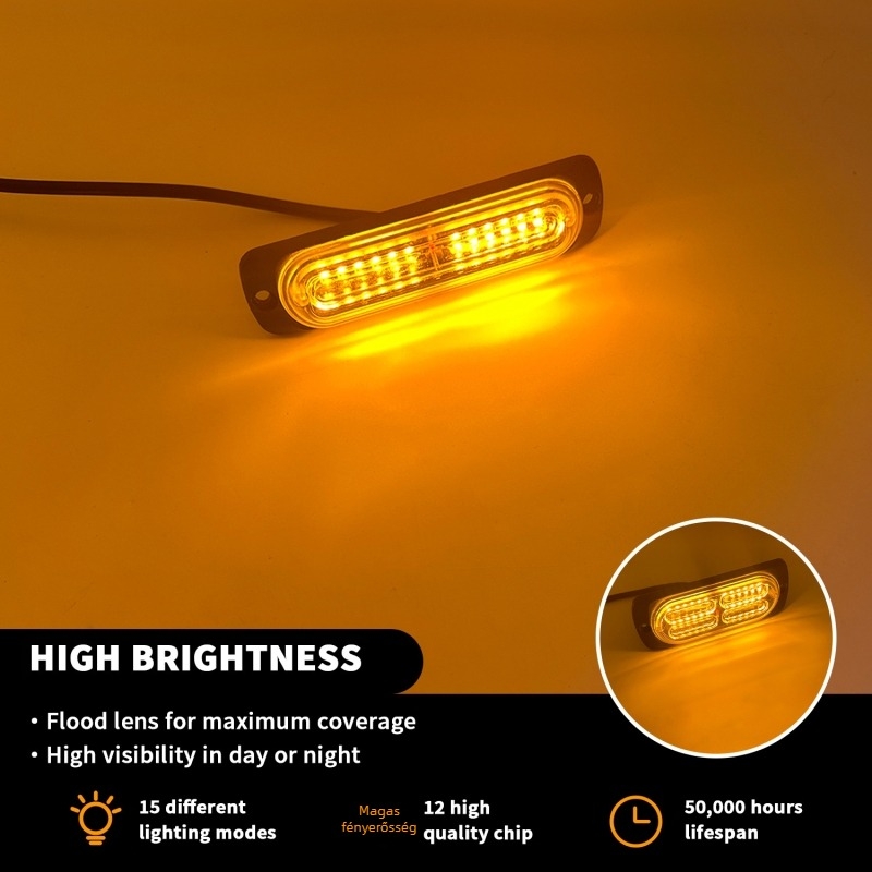 Autó LED radiátorrács világítás – ultra vékony, szinkronos villanó, vészjelzés; 144W, 12-24V, alumínium + PC, univerzális.