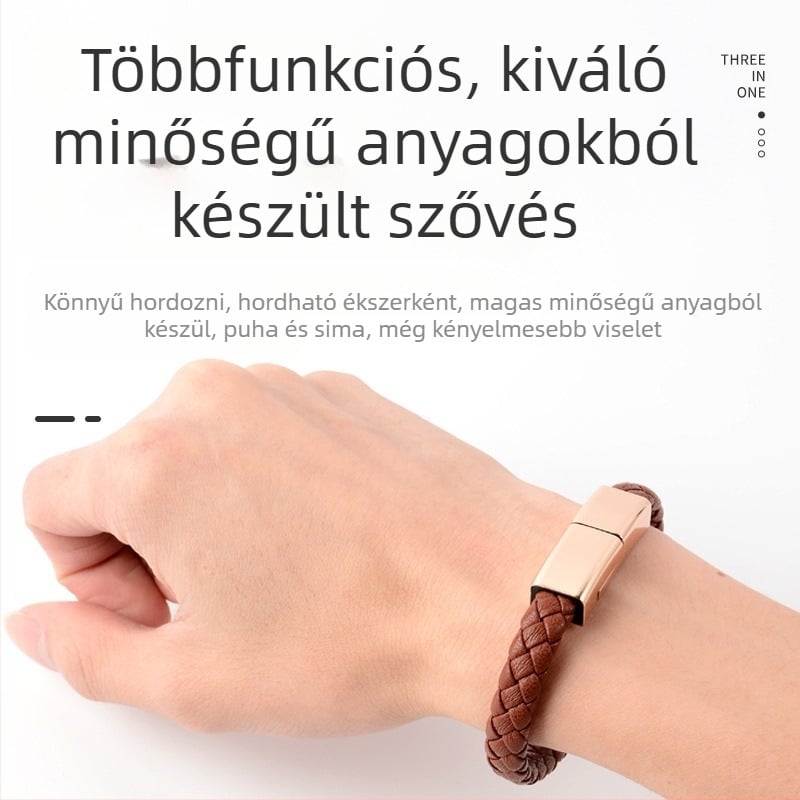 Apple/Huawei/Android számára adatkábel karkötő — három interfész (Lightning, Micro USB, Type-C); egypontos csatlakozó; szőtt anyag