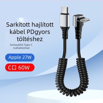 Autóhoz való Type-C / Lightning adatkábel hajlított kivitelben, törés elleni védelem, visszahúzható, 6A, tiszta réz