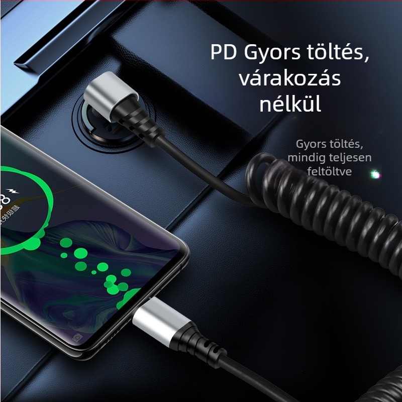 Autóhoz való Type-C / Lightning adatkábel hajlított kivitelben, törés elleni védelem, visszahúzható, 6A, tiszta réz