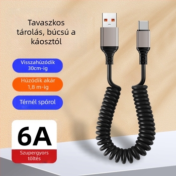 Autóba szerelhető, kihúzható töltőkábel (Lightning és Type-C) 66W, 6A gyorstöltés, anyag: TPE + alumínium ötvözet