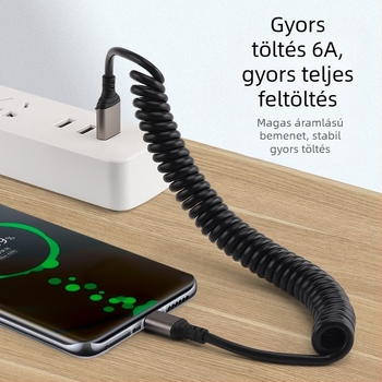 Autóba szerelhető, kihúzható töltőkábel (Lightning és Type-C) 66W, 6A gyorstöltés, anyag: TPE + alumínium ötvözet
