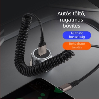 Autóba szerelhető, kihúzható töltőkábel (Lightning és Type-C) 66W, 6A gyorstöltés, anyag: TPE + alumínium ötvözet