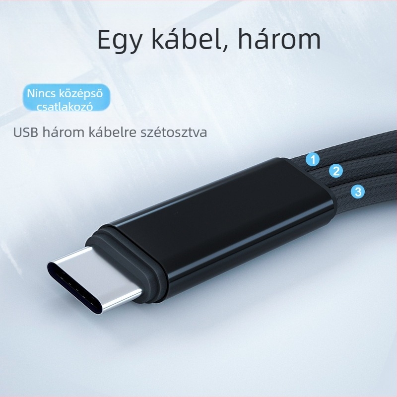 3-az-1-ben fonott USB-C/Lightning/Micro USB töltőkábel PD gyorstöltéssel, 22.5W, 1→3 osztó