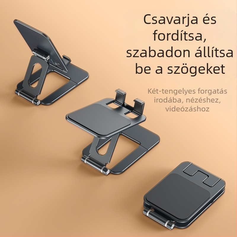 Asztali tartó telefonhoz és táblához – összecsukható, hordozható, alumíniumötvözet + csúszásmentes szilikon, stabil tartás élő közvetítéshez és tanuláshoz