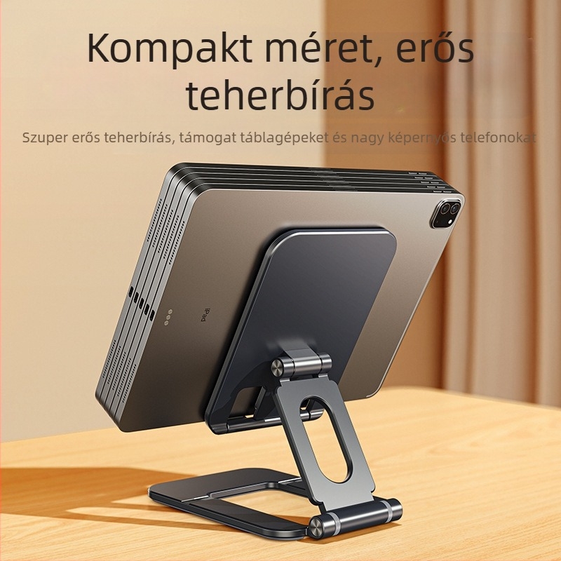 Asztali tartó telefonhoz és táblához – összecsukható, hordozható, alumíniumötvözet + csúszásmentes szilikon, stabil tartás élő közvetítéshez és tanuláshoz