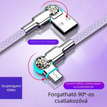 3-in-1 gyors töltés és adatátvitel USB-C/Lightning/Micro-USB kábel, dupla könyök forgócsuklival, szőtt anyag, egyfejű