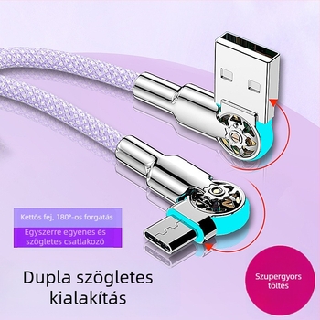 3-in-1 gyors töltés és adatátvitel USB-C/Lightning/Micro-USB kábel, dupla könyök forgócsuklival, szőtt anyag, egyfejű