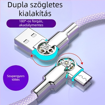3-in-1 gyors töltés és adatátvitel USB-C/Lightning/Micro-USB kábel, dupla könyök forgócsuklival, szőtt anyag, egyfejű
