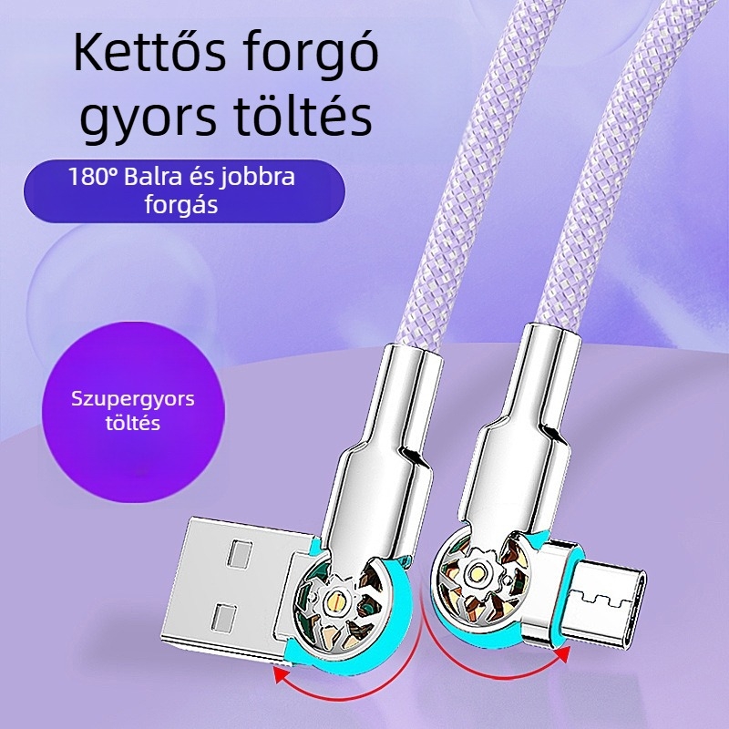 3-in-1 gyors töltés és adatátvitel USB-C/Lightning/Micro-USB kábel, dupla könyök forgócsuklival, szőtt anyag, egyfejű