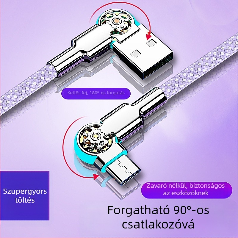 3-in-1 gyors töltés és adatátvitel USB-C/Lightning/Micro-USB kábel, dupla könyök forgócsuklival, szőtt anyag, egyfejű