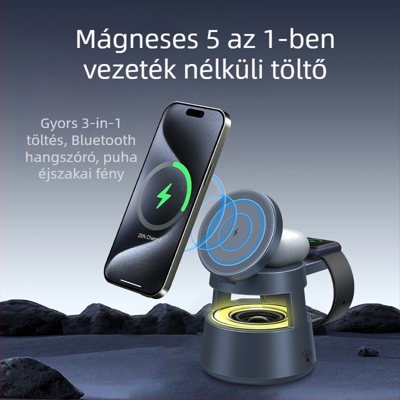 Mágneses 5-in-1 vezeték nélküli töltő Apple eszközökhöz, QC3.0 gyors töltés, mágneses töltés, összteljesítmény 20W, kimenő 10W, CE/FCC/ROHS tanúsítványok