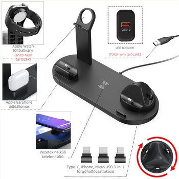 3 az 1-ben vezeték nélküli töltőállvány hallgatók és okosóra töltéséhez – 18W maximális kimenet, QC4.0, Qi vezeték nélküli töltés