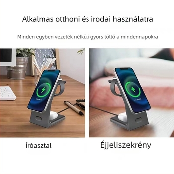 3 az 1-ben mágneses vezeték nélküli töltő gyors töltéssel, 15W kimenet, QC3.0, kompatibilis Apple Watch és MagSafe fülhallgatókkal