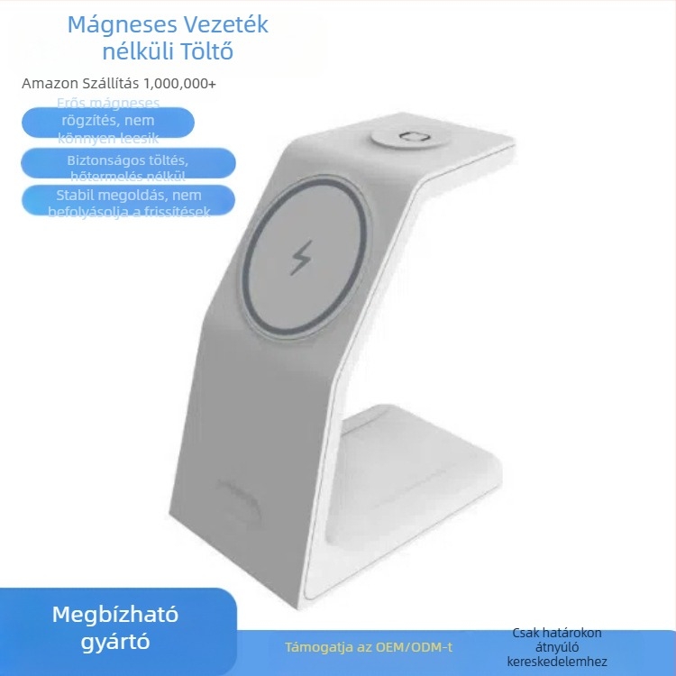 3 az 1-ben mágneses vezeték nélküli töltő gyors töltéssel, 15W kimenet, QC3.0, kompatibilis Apple Watch és MagSafe fülhallgatókkal