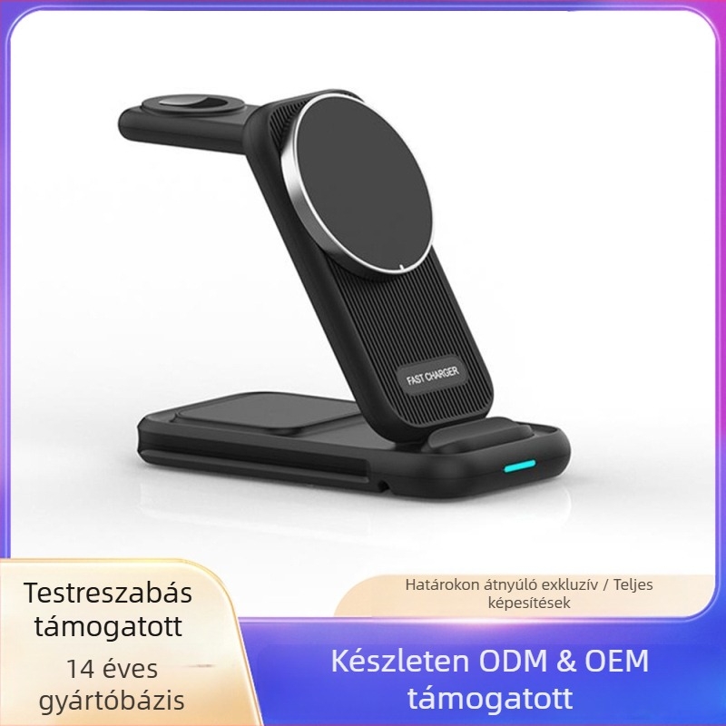 3 az egyben mágneses vezeték nélküli töltő asztali telefon-tartóval – gyors töltés, állítható, max. 15W, QC3.0, 3A kimenet, összteljesítmény 23W