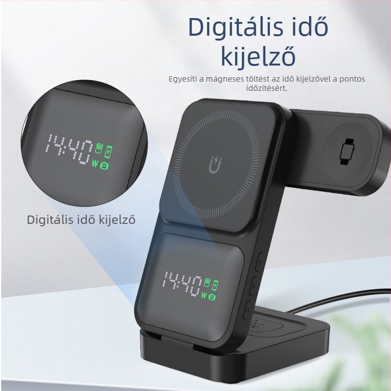 3 az 1-ben vezeték nélküli töltő órákhoz, fülhallgatókhoz és telefonokhoz – QC3.0 gyors töltés – mágneses, forgatható teljesítménykijelző – 15W kimenet (23W összteljesítmény)