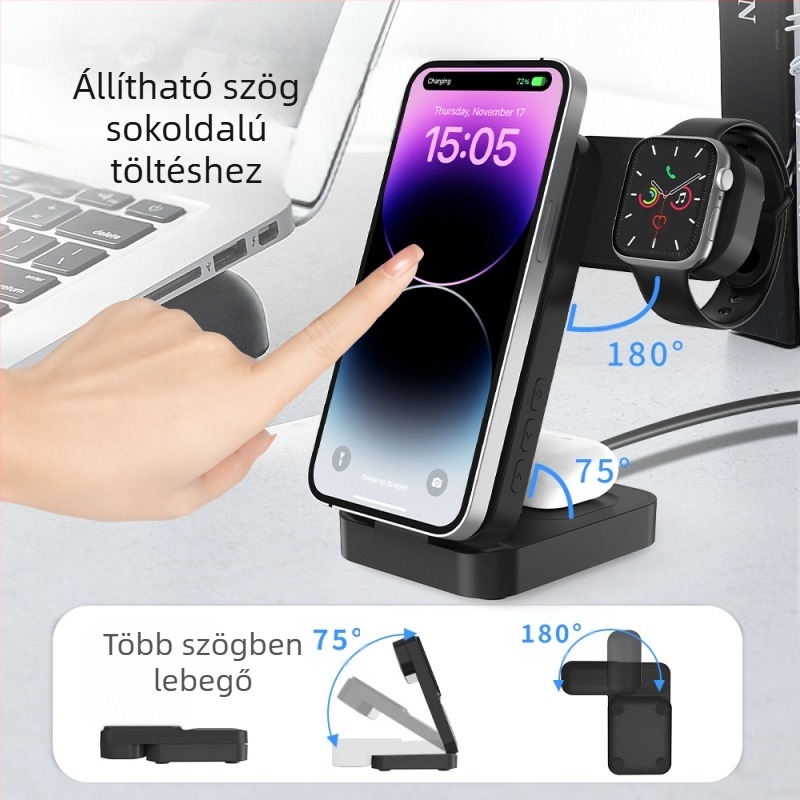 3 az 1-ben vezeték nélküli töltő órákhoz, fülhallgatókhoz és telefonokhoz – QC3.0 gyors töltés – mágneses, forgatható teljesítménykijelző – 15W kimenet (23W összteljesítmény)