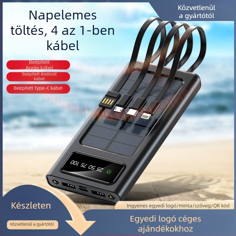Hordozható napelemes power bank Li-Polimer akkumulátorral, QC2.0, 10W töltés, bemenet 5V, adatkábel a csomagban