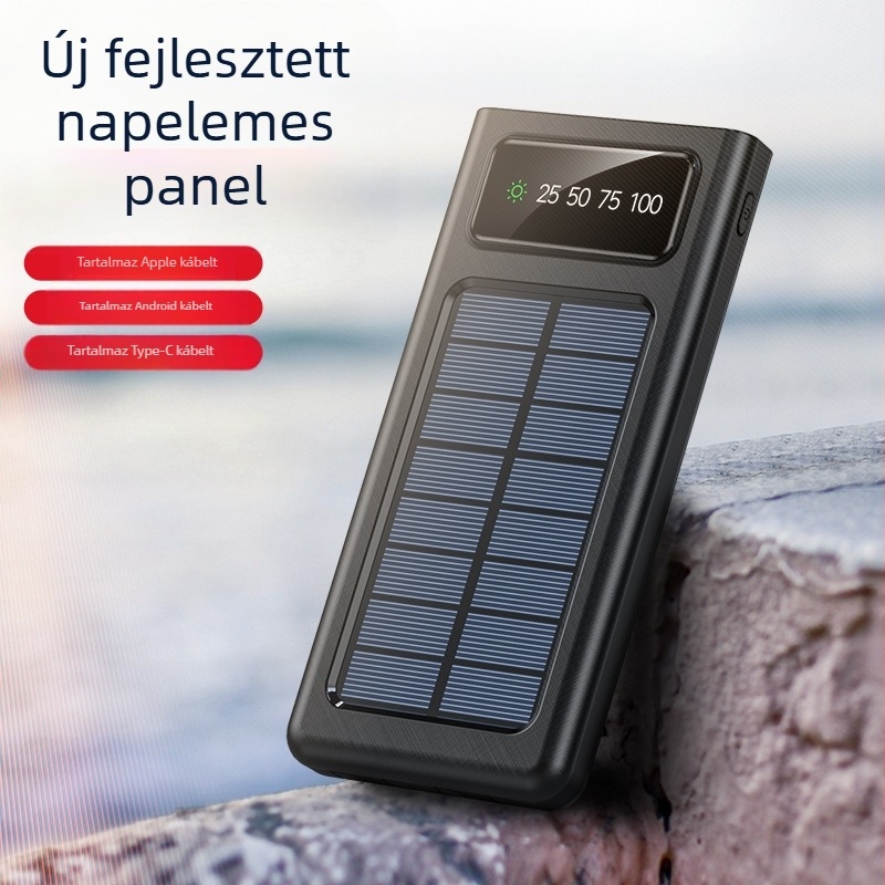 Hordozható napelemes power bank Li-Polimer akkumulátorral, QC2.0, 10W töltés, bemenet 5V, adatkábel a csomagban
