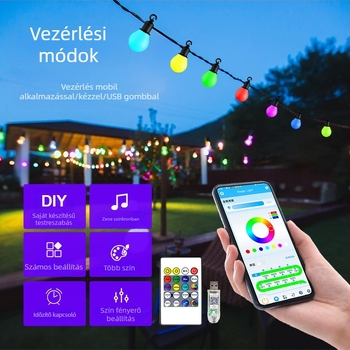 G40 okos LED gömbös fényfüzér, USB táplálású 5V, 5W, IP65 vízálló, távirányító