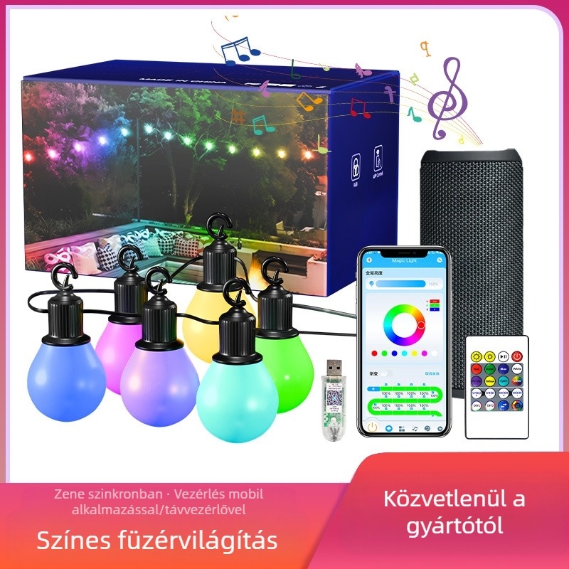 G40 okos LED gömbös fényfüzér, USB táplálású 5V, 5W, IP65 vízálló, távirányító