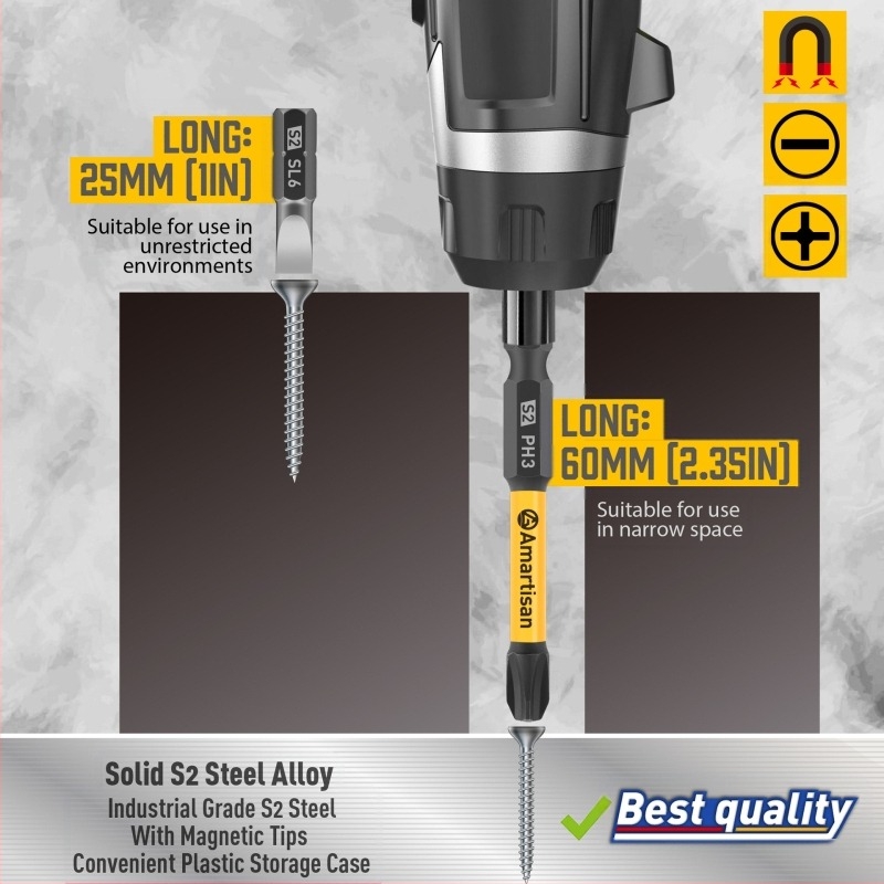 Amartisan 24 darab mágneses csavarhúzó- és fúróbit készlet S2 acélból – laposfejű és kereszthorn (PH) bitek