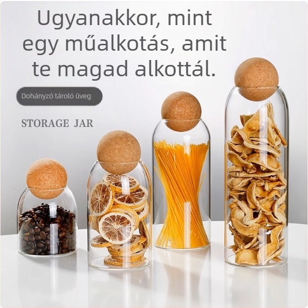 Üvegből készült tárolóedény dugós fedővel, kerek formájú, boroszilikát üvegből, teához és kávébabokhoz