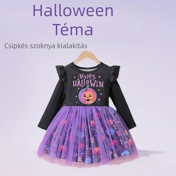 Lányoknak szóló hercegnőruha patchwork hálós mesh részlet és all-over tök- és betűnyomással – hosszú ujjú, poliészter béléses pamut alapanyaggal, 3–8 éveseknek