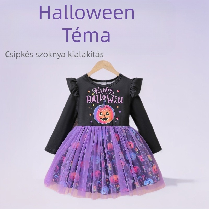 Lányoknak szóló hercegnőruha patchwork hálós mesh részlet és all-over tök- és betűnyomással – hosszú ujjú, poliészter béléses pamut alapanyaggal, 3–8 éveseknek