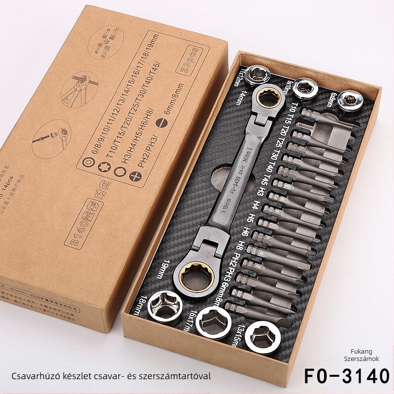 FO-3140 Szétbontó készlet: Torx, Phillips és hex bitek, csattanos kulccsal és csatlakozókkal; Anyag: króm-vanádium acél; 23 darab; háztartási készülékek javításához