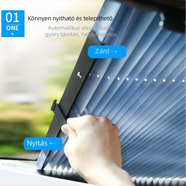 Autó első szélvédőre szánt árnyékoló, automatikusan kinyúló, vastag opak típusú, lamellás rögzítés (Anyagok: szívókupa + alumíniumfólia; Kompatibilis minden autómodelllel)
