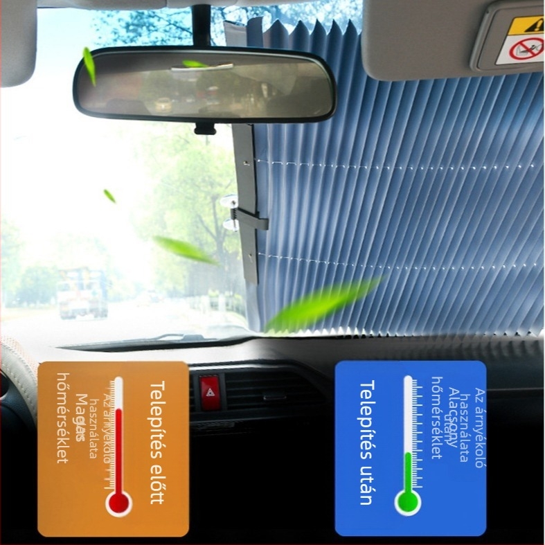 Autó első szélvédőre szánt árnyékoló, automatikusan kinyúló, vastag opak típusú, lamellás rögzítés (Anyagok: szívókupa + alumíniumfólia; Kompatibilis minden autómodelllel)