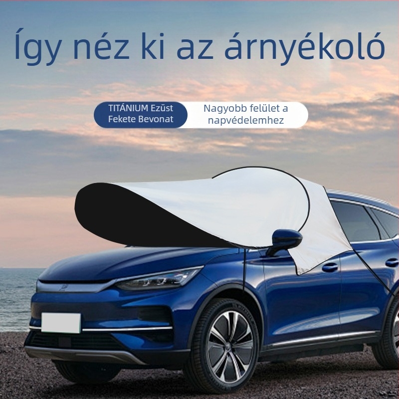 Autó első szélvédőjére szóló árnyékoló – alumíniumfólia, teleszkópos szerelés, fedés a frontális területre; testreszabható feldolgozás és logó nyomtatás